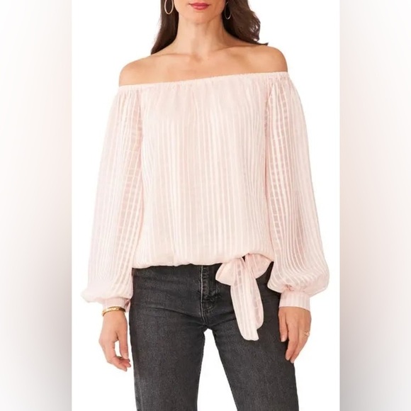 VINCE CAMUTO Satin Stripe Off The Shoulder Top - Picture 1 of 9